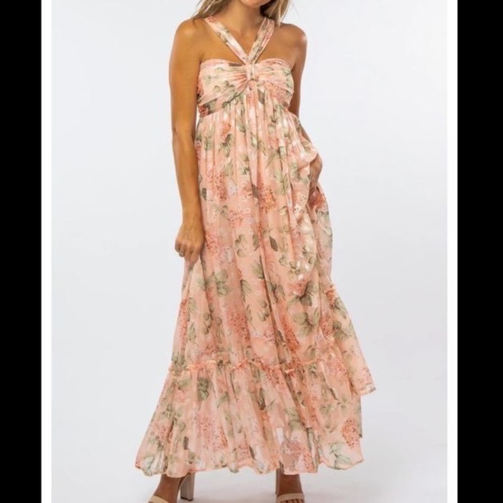 BigHit Peach Floral Halter Maxi Dress Boho Wedding Guest Tiered Chiffon Large ss